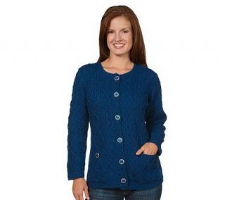 Aran Craft Merino Wool Button Front Cable Knit Cardigan —