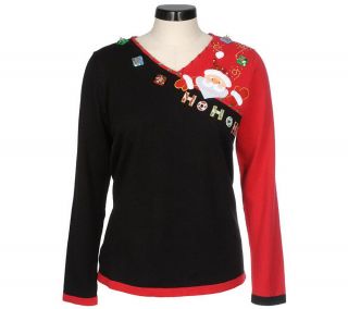 Quacker Factory Santa Embroidered Faux Wrap V neck Sweater —