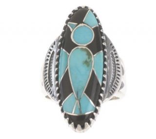 Smithsonian Turquoise & Onyx Inlay Bird Design Sterling Ring   J261722