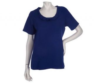 Denim & Co. Short Sleeve Round Neck T Shirt with Pleating Detail 