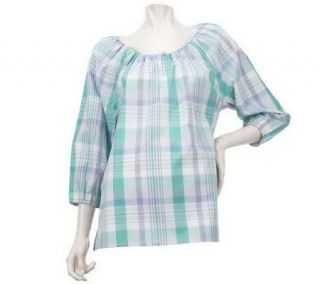 Denim & Co. 3/4 Sleeve Plaid Pullover Peasant Top —