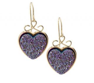 Drusy Quartz Heart Dangle Earrings 14K Gold —
