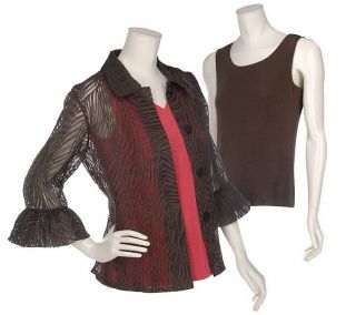 Citiknits 3/4 Sleeve Burnout Shirt Jacket with Two Tanks —