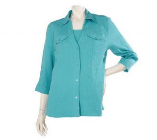 Denim & Co. 3/4 Sleeve Stretch Crinkle Gauze Shirt with Inset