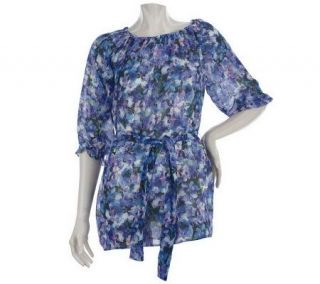 Motto 3/4 Sleeve Floral Print Peasant Top with Self Belt —