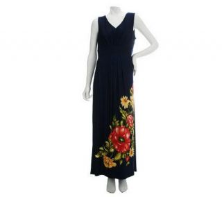Susan Graver Jersey Knit Placement Print V neck Maxi Dress —