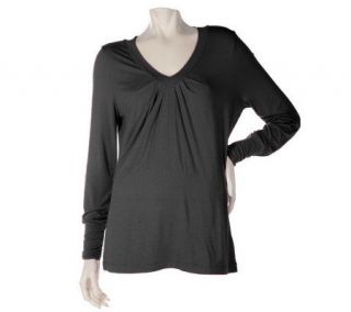 Motto Long Sleeve Ruched V Neck Knit Top —