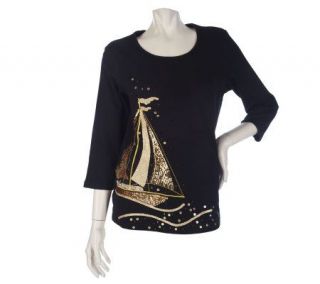 Quacker Factory 3/4 Sleeve Golden Sails Embellished Knit Top