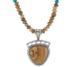 Southwestern Sterling Picture Jasper & Turquoise Bear Necklace