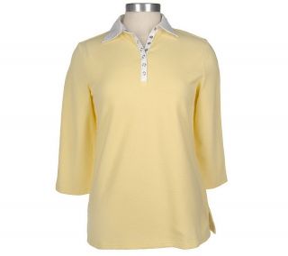 Denim & Co. Stretch Bubble Pique 3/4 Sleeve Polo Shirt —