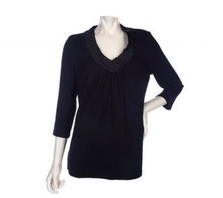 Motto 3/4 Sleeve V neck Knit Top w/ Pleated Satin Trim —