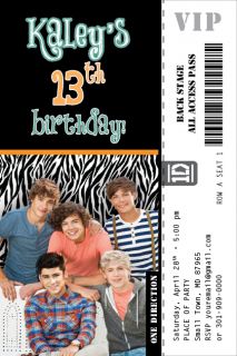 One Direction Zebra Print Invitation Colored Ticket Rock Pop Star Band
