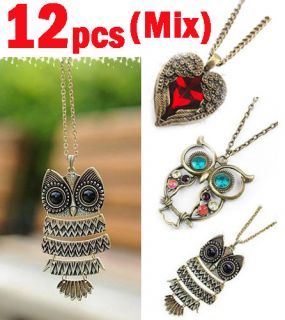   12pcs Fashion Copper jewelry Gift Vintage Owl Pendant Necklace Lots
