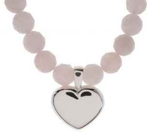 David Sigal Sterling Rose Quartz Bead Necklace with Heart Enhancer