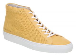 Mens Common Projects Achilles Perforated Mid Yellow Trainers Shoes