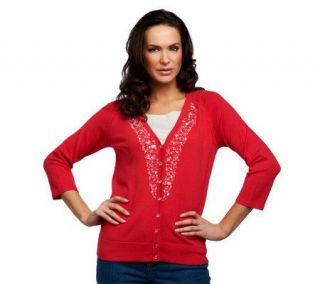 Susan Graver Sweater Knit Cardigan with 3/4 Sleeves & Embellishments 