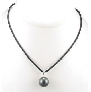 18 13 14mm Tahitian Black Pearl Leather Cord Necklace