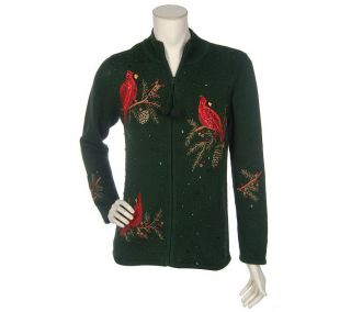 Quacker Factory Cardinals Funnel Neck Zip Front Cardigan —