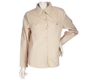 Susan Graver Stretch Poplin Button Front Shirt w/Roll Tab Sleeves 