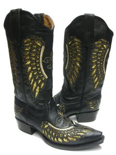 Womens Ladies Black Leather Cowboy Boots Sequins Western Rodeo Riding