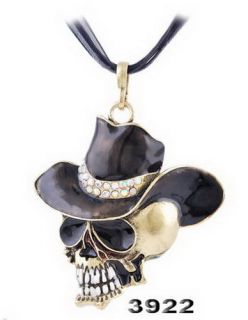 Cowboy Hat Skull Pendant Necklace Antique Bronze Brass Inlay