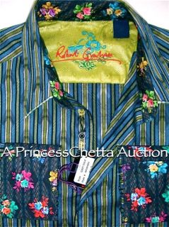 Robert Graham Cozy Cole M Blue Black Green Stripe Shirt Floral Cuffs $