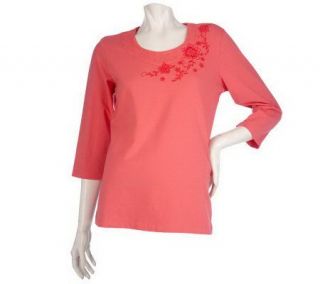 Denim & Co. 3/4 Sleeve Top with Woven Eyelet and Embroidery Trim