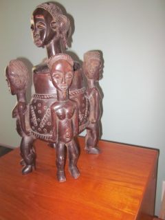 African Carved Wood Medicine Bowl and 2 Ceremonial Totem Poles