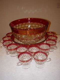 Vintage KINGS CROWN Ruby CRANBERRY Flash Punch Bowl Set 12 CUPS