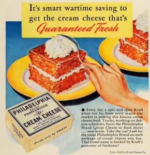 1943 Ad Kraft Cream Cheese Philadelphia Dessert Food Original