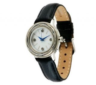 Or Paz Sterling Textured Round Case Leather Strap Watch —