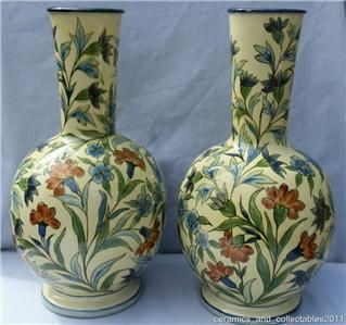  Lambeth Faience Vases. Hand painted by Minna L Crawley. Dated 1871