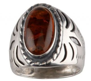 Southwestern Sterling Silver Oval Amber Ring —
