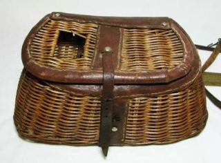 Antique Vintage Fishing Creel w Leather