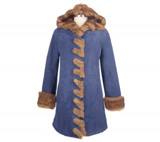 Dennis Basso Hooded Suede Coat w/Faux Fur Whipstitch Detail — 