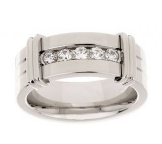 Diamonique Stainless Steel Channel Set Wide Band Ring —