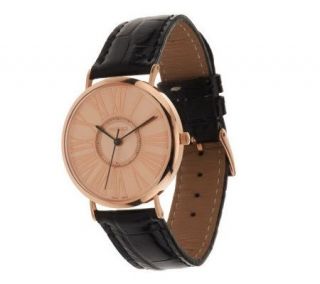 Vicence Round Roman Numeral Dial Leather Strap Watch 14K Gold