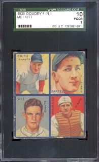 1935 Goudey 4 In 1 w/ Mel Ott, Critz, Bartell, Mancuso Giants SGC 10