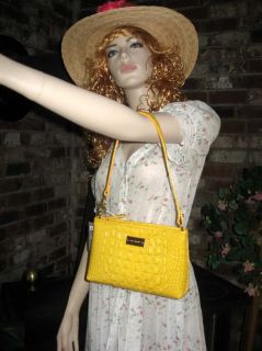 NWT BRAHMIN CROC GLOSSY ANYTIME SOL YELLOW EMBOSSED LEATHER