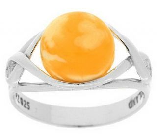 Round Baltic Amber Sculpted Detail Sterling Ring —