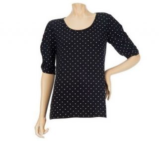 Susan Graver Liquid Knit Polka Dot Top with Ruched Elbow Sleeves