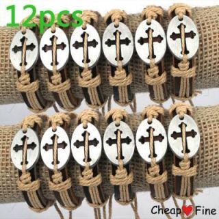 Wholesale LOT12 Stylish Cross Genuine Leather Bracelet