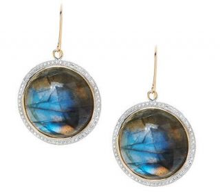 Round Labradorite Earrings with Diamond Cut Border,14K Gold — 