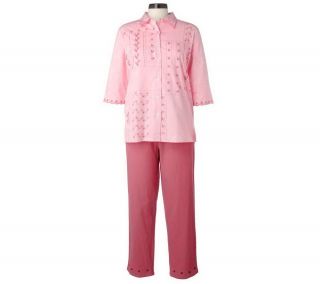 Denim & Co. Stretch Denim Embroidered 3/4 SleeveShirt and Pants