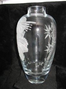 Perry Coyle Engraved Vase Geisha with Fan Bamboo Back