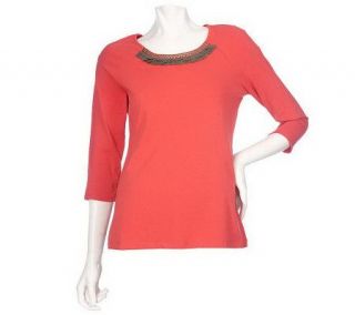 Dennis Basso Stretch Knit 3/4 Sleeve Top with Metal Studs —