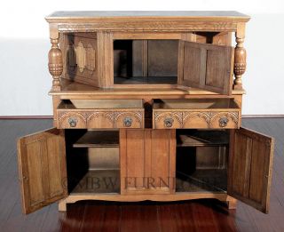 Antique Solid Oak Jacobean Court Cupboard Buffet Sideboard Server