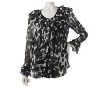 Dennis Basso Printed Button Front Ruffle Blouse with Cami   A221098
