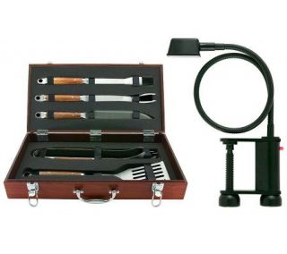 Mr. Bar B Q 5 Piece Tool Set w/Wood Case & FlexGrill Light   H361356