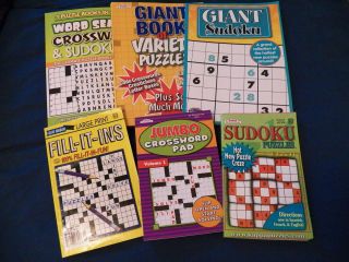 Huge Lot of 6 Puzzle Books   Sudoku   Word Search   Crossword   Fill